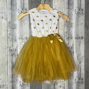 TODDLER girls white and gold polkadot dress w/ tulle skirt and bow. Size XL‎ GUC